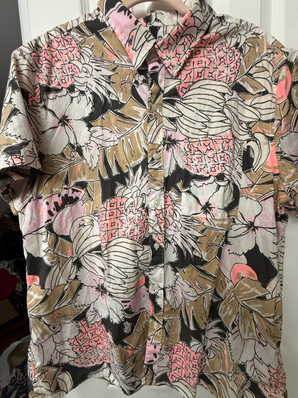 Men's Short-Sleeve Tropical Button-Up Shirt - Pink, Black & Brown